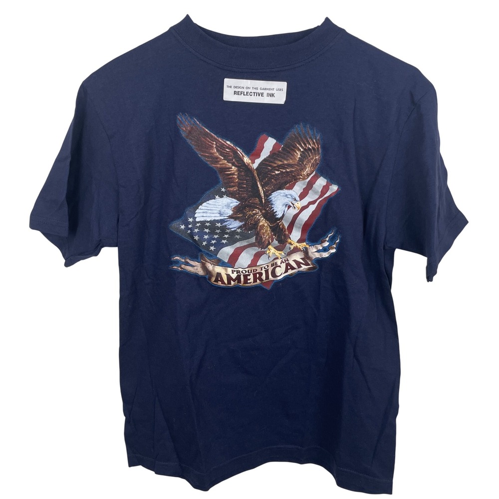 Route 66 Kids T Shirt Eagle American Flag Reflective Ink Size 10 12 Navy Blue